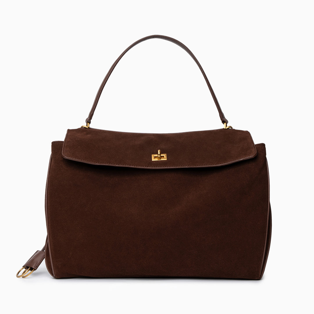 Amy Classic Suede Flap Bag with Top Handle – Timeless Structured Handbag