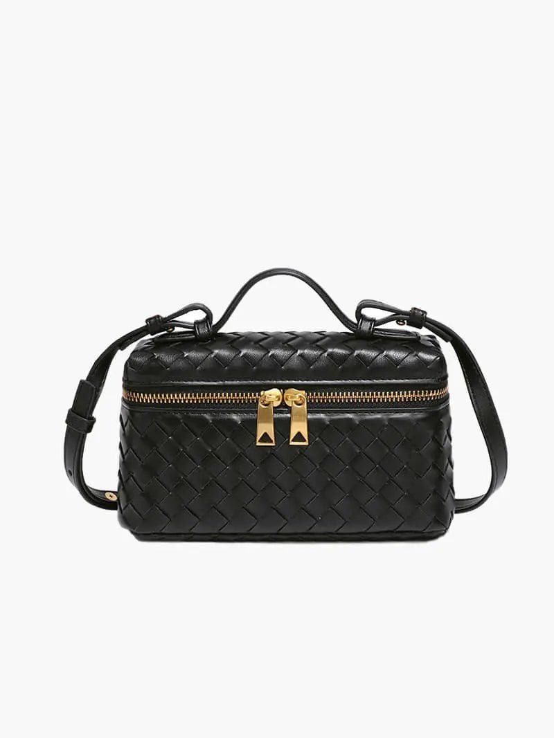 Luxe Woven Box Bag | Elegant Dark Brown Crossbody with Gold Zipper