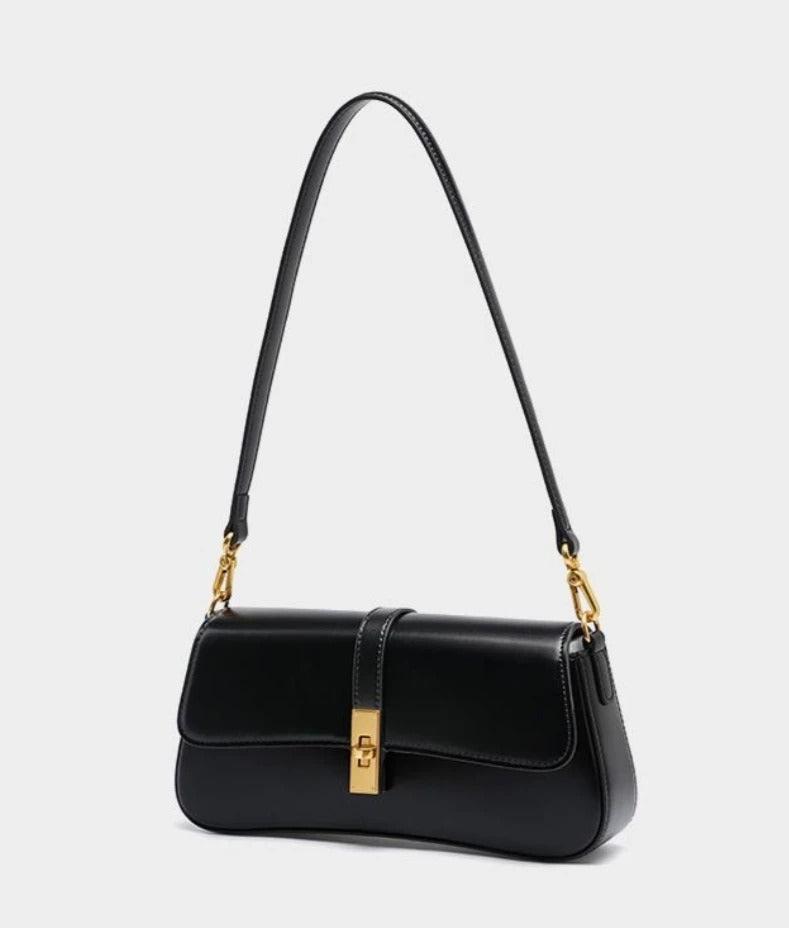 Éloise | Sleek Leather Baguette Bag – Detachable Strap & Gold-Tone Lock