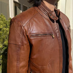 BOL Men’s Snap Collar Leather Racer Jacket. Genuine Sheep Leather Cafe Racer with 4 Zip Pockets