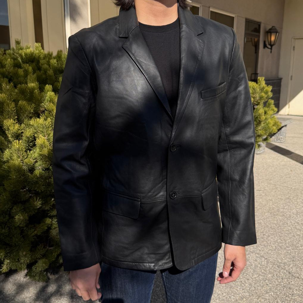 BOL Men’s Black Leather Blazer. Premium Lambskin Leather Two-Button Notch Lapel Jacket