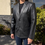 BOL Men’s Black Leather Blazer. Premium Lambskin Leather Two-Button Notch Lapel Jacket