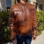 BOL Men’s Snap Collar Leather Racer Jacket. Genuine Sheep Leather Cafe Racer with 4 Zip Pockets