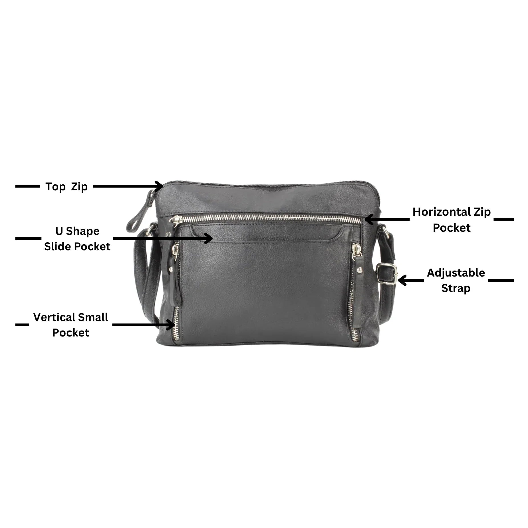 Leather Crossbody Slim Bag with Zippered Pockets & Adjustable Strap