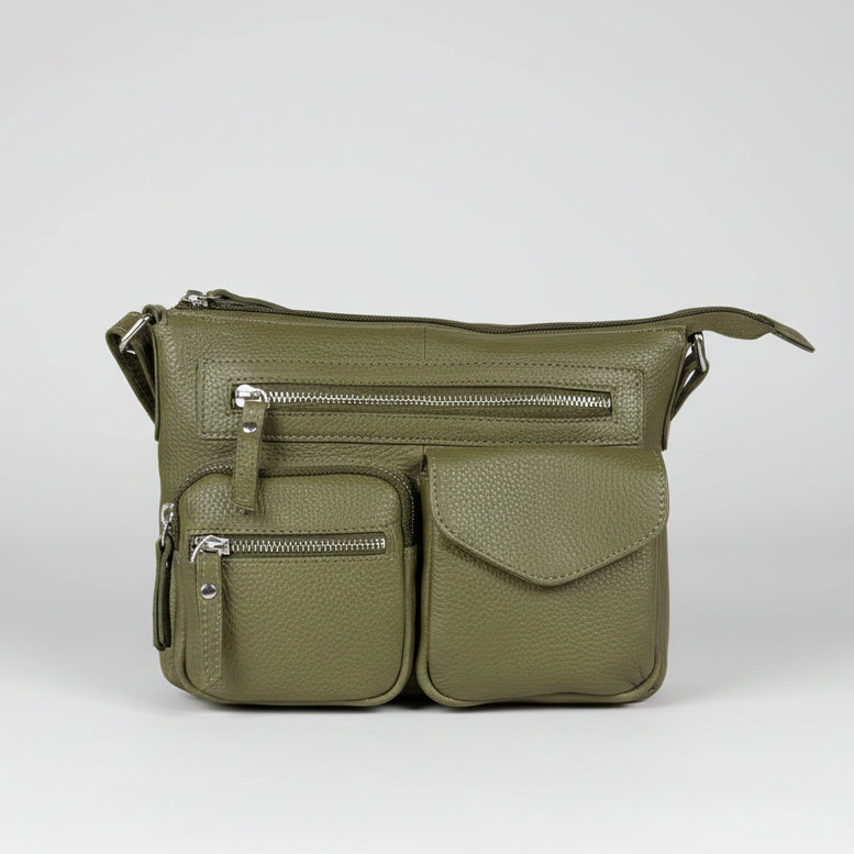 Greenwood Leather Multi-Pocket Crossbody Bag. Premium Pebbled Leather Handbag