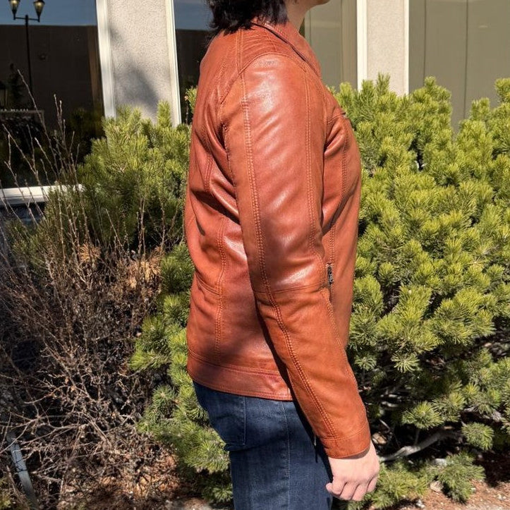 BOL Men’s Zip Pocket Leather Jacket. Sheep Leather Jacket with Fold-Down Collar