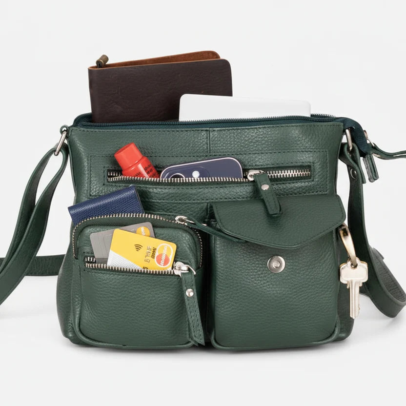 Greenwood Leather Multi-Pocket Crossbody Bag. Premium Pebbled Leather Handbag