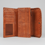 MET Women’s Leather Wallet. Tri-Fold Clutch Organizer with Studded and Whipstitch Detail