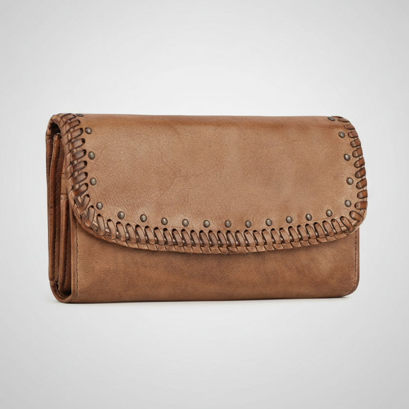 MET Women’s Leather Wallet. Tri-Fold Clutch Organizer with Studded and Whipstitch Detail