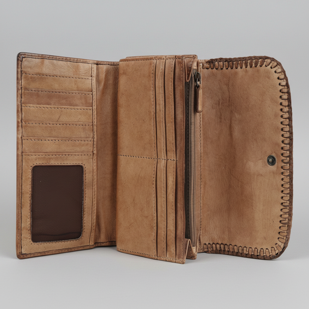 MET Women’s Leather Wallet. Tri-Fold Clutch Organizer with Studded and Whipstitch Detail