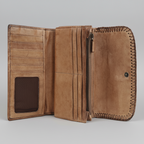 MET Women’s Leather Wallet. Tri-Fold Clutch Organizer with Studded and Whipstitch Detail