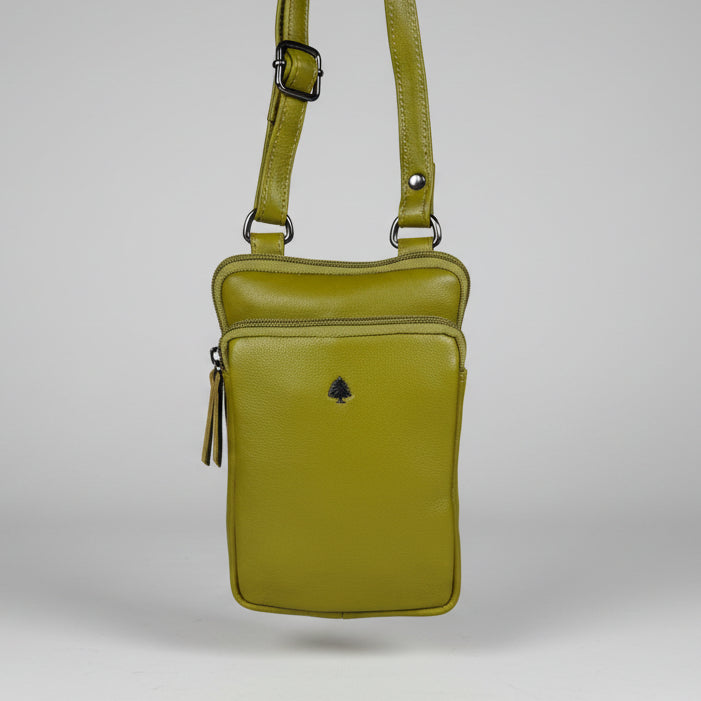 Greenwood Leather Compact Mini Crossbody. Slim Full-Grain Leather Phone Bag & Travel Organizer