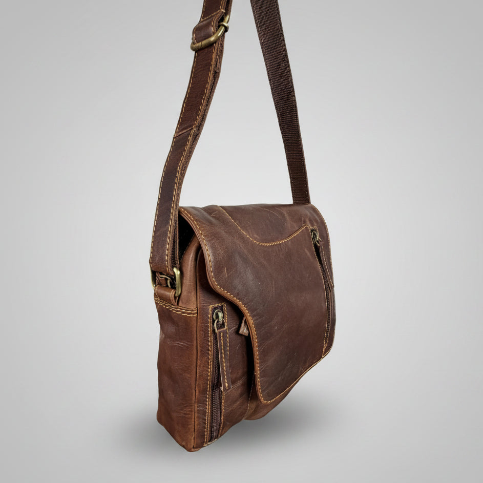 Premium Genuine Leather Messenger Bag. Distressed Brown Crossbody with Multiple Zippered Pockets