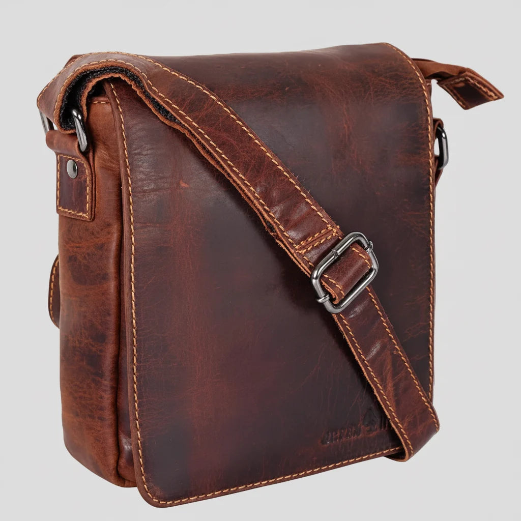 Greenwood Leather Mini-Messenger Bag. Wax Pull-Up Leather Flap Over Bag