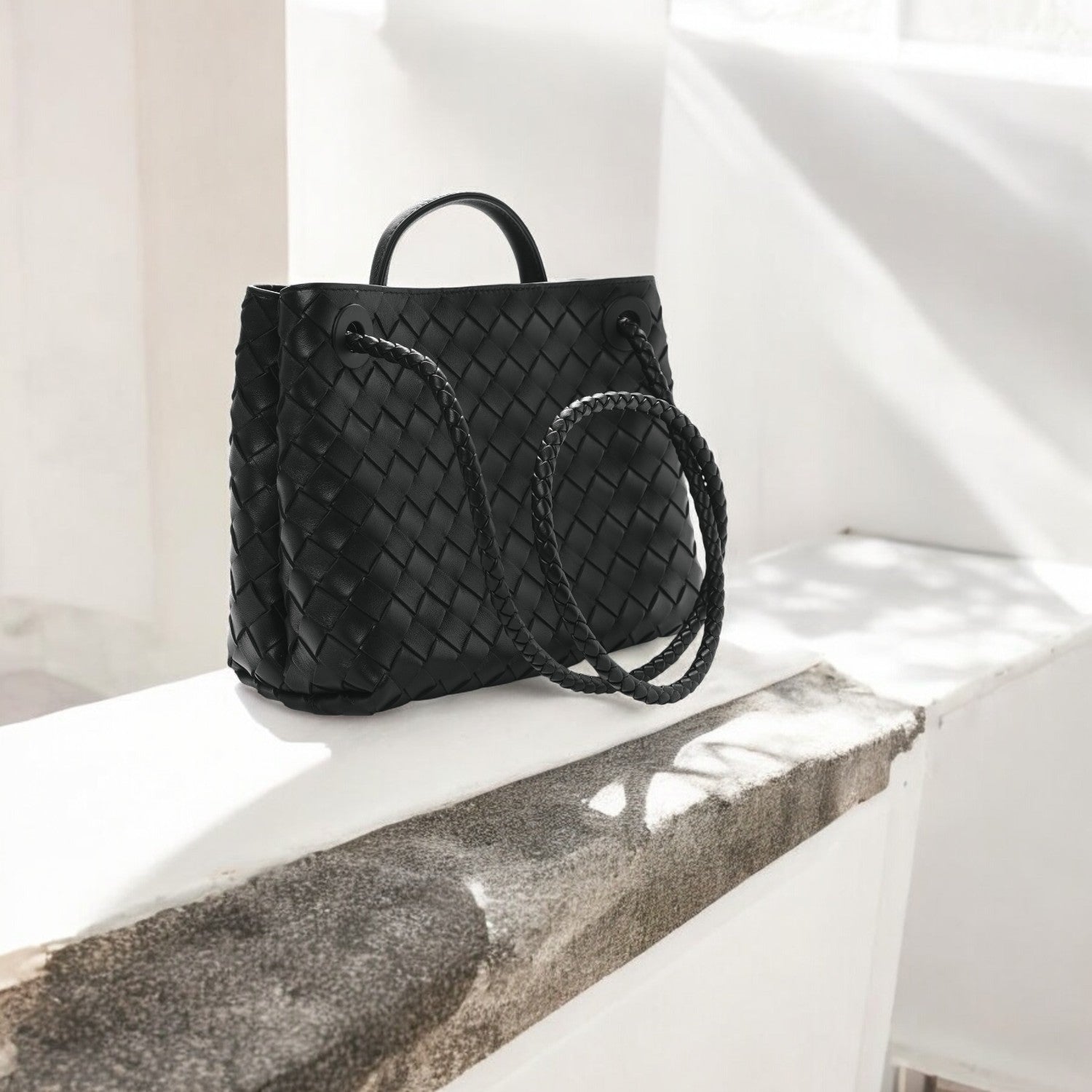 Alyn | Black Woven Mini Leather Tote Bag – Effortless Elegance & Timeless Appeal