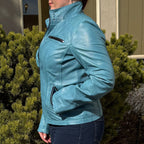 Women's Classic Sheep Leather Jacket. Standing Collar with Studs, 4 Zippered Pockets & Shoulder Accent Stitching