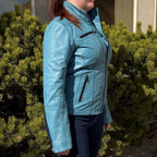 Women's Classic Sheep Leather Jacket. Standing Collar with Studs, 4 Zippered Pockets & Shoulder Accent Stitching