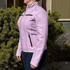 Women's Classic Sheep Leather Jacket. Standing Collar with Studs, 4 Zippered Pockets & Shoulder Accent Stitching
