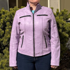 Women's Classic Sheep Leather Jacket. Standing Collar with Studs, 4 Zippered Pockets & Shoulder Accent Stitching