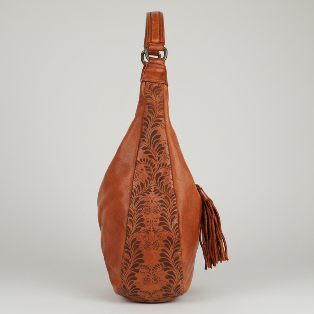 MET Premium Leather Shoulder Bag. Elegant Hobo Bag with Laser-Engraved Floral Leaf Panels