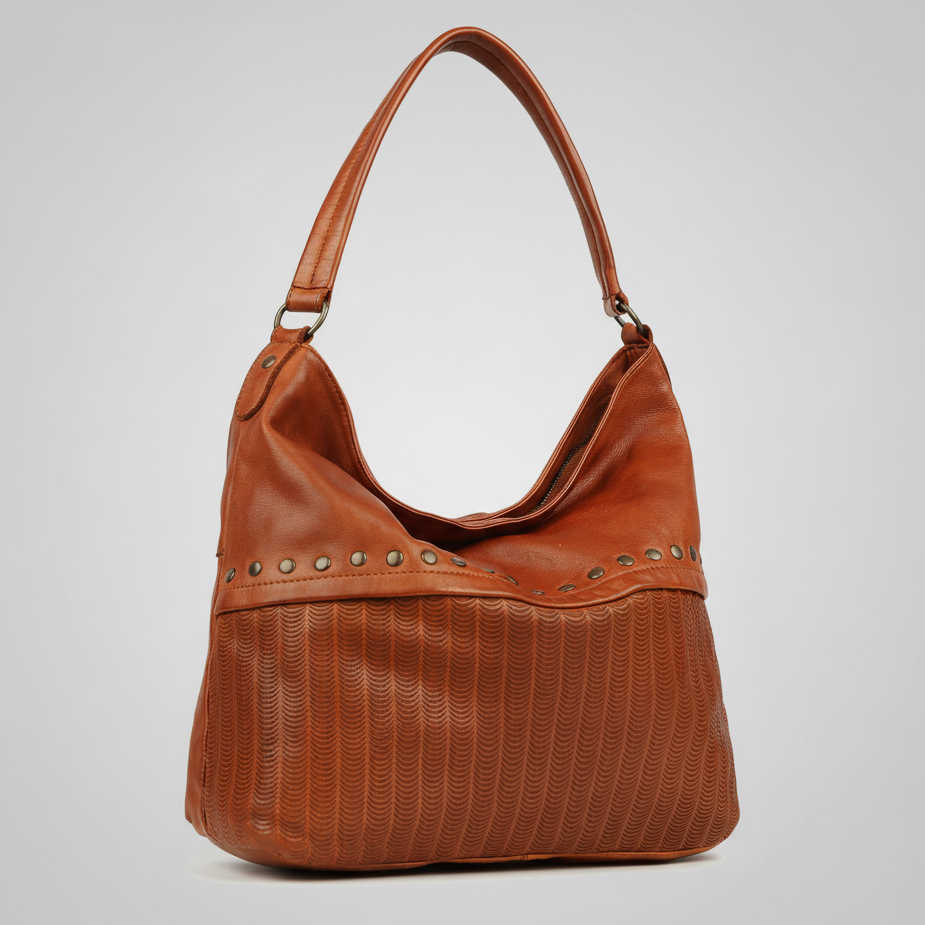 MET Premium Leather Handbag. Studded Hobo Tote with Artisan Scallop Embossing