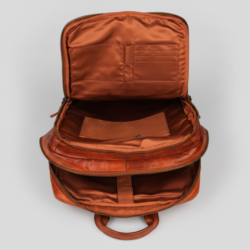 MET Two Adjustable Strap Leather Backpack. Multi-Compartment Commuter Pack