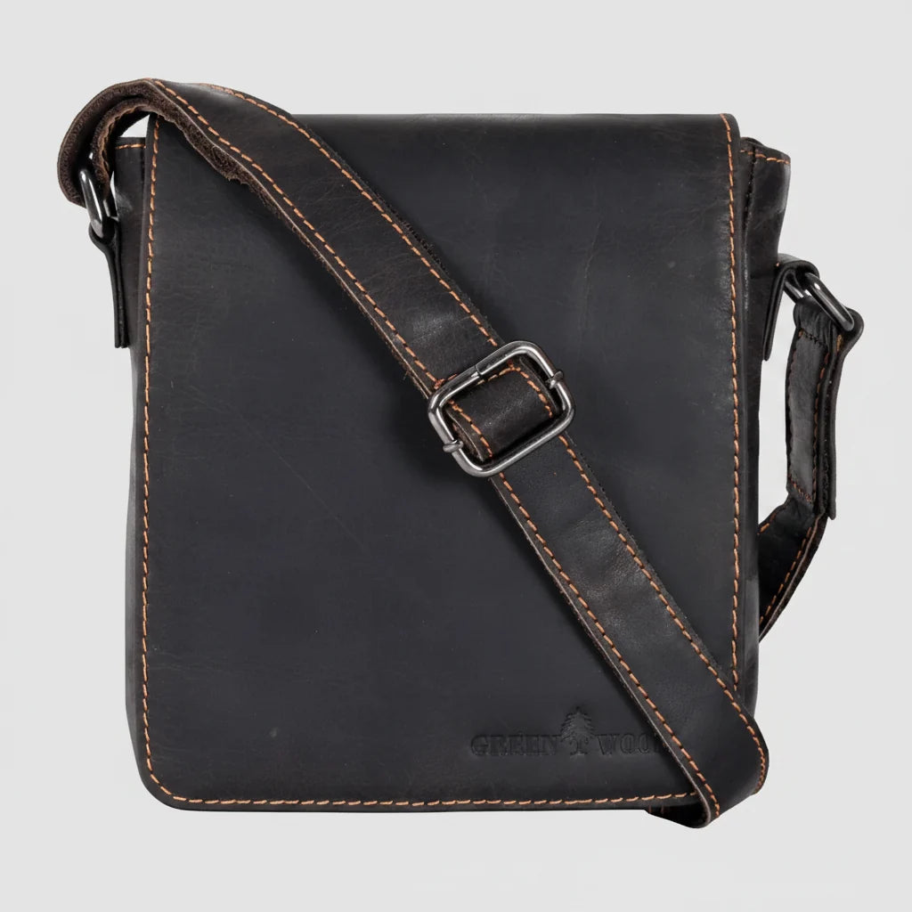 Greenwood Leather Mini-Messenger Bag. Wax Pull-Up Leather Flap Over Bag