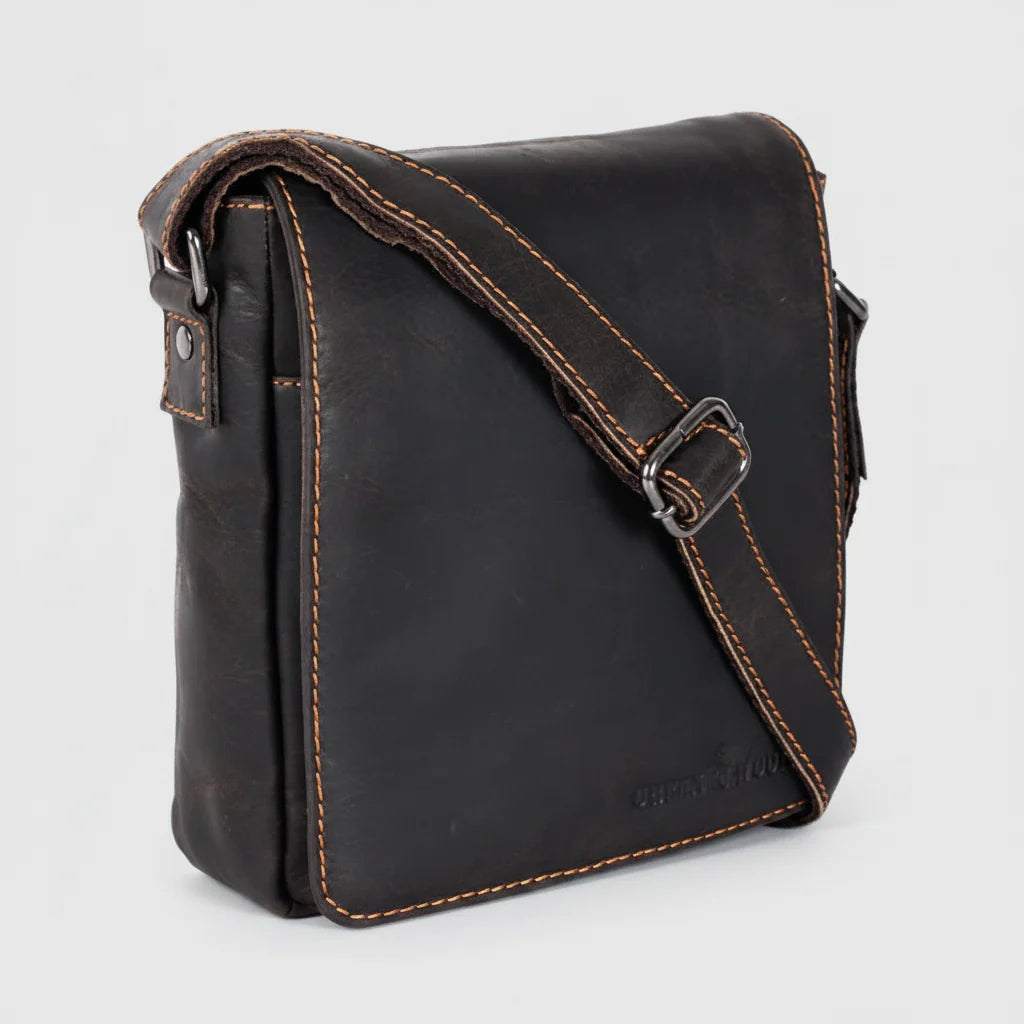Greenwood Leather Mini-Messenger Bag. Wax Pull-Up Leather Flap Over Bag
