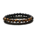 Men’s 2-Piece Bracelet Set. Brown Braided Leather & Tiger Eye with Black Lava Beads