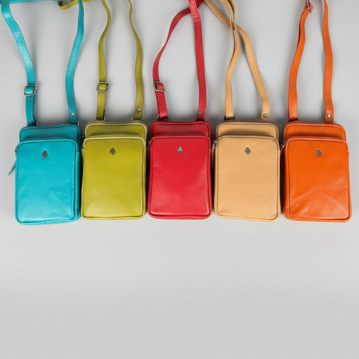 Greenwood Leather Compact Mini Crossbody. Slim Full-Grain Leather Phone Bag & Travel Organizer