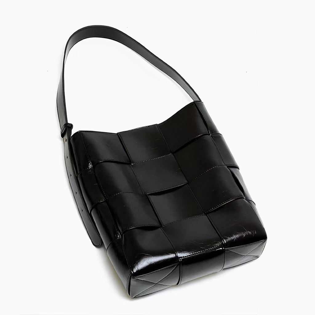 Natalie Glossy Woven Shoulder Bag – Structured Designer Bucket Tote for Women