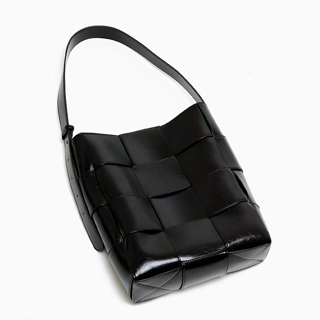 Natalie Glossy Woven Shoulder Bag – Structured Designer Bucket Tote for Women