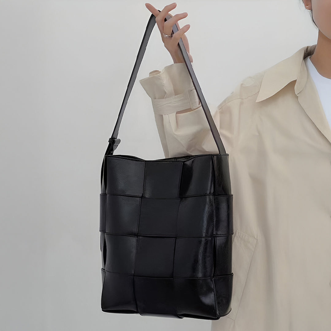 Natalie Glossy Woven Shoulder Bag – Structured Designer Bucket Tote for Women