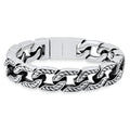 Men’s Heavy Stainless Steel Cuban Link Bracelet. Oxidized Chevron Accent Biker Chain
