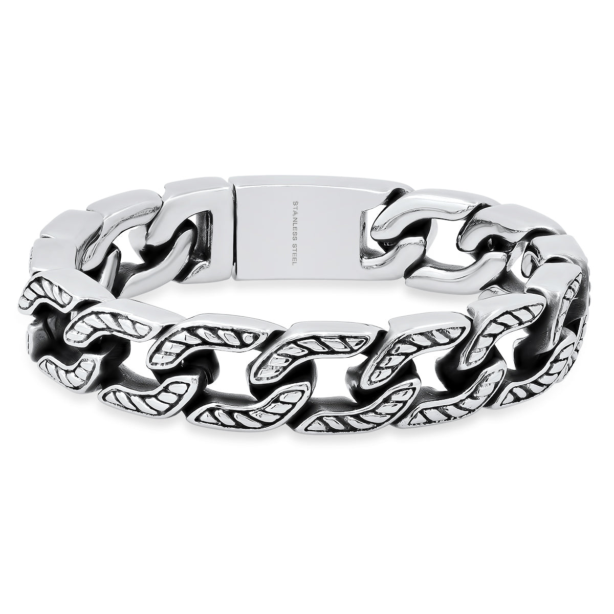 Men’s Heavy Stainless Steel Cuban Link Bracelet. Oxidized Chevron Accent Biker Chain