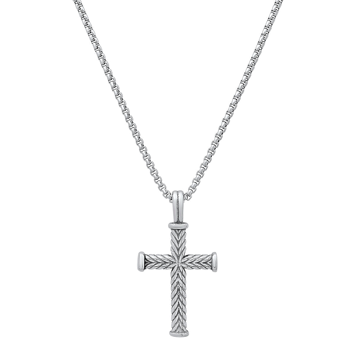 Men’s Stainless Steel Twist Design Cross Pendant. Textured Biker Wheat Chain Necklace