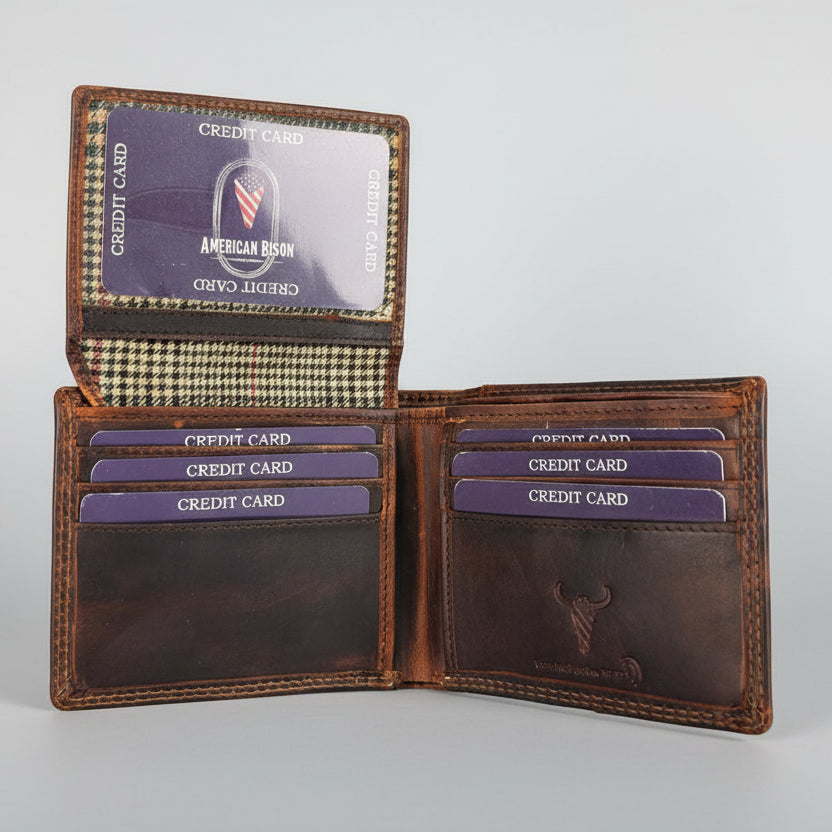Men’s Genuine Cow Leather Bifold Wallet. Embossed Deer Design with RFID Protection