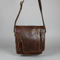 Premium Genuine Leather Messenger Bag. Distressed Brown Crossbody with Multiple Zippered Pockets