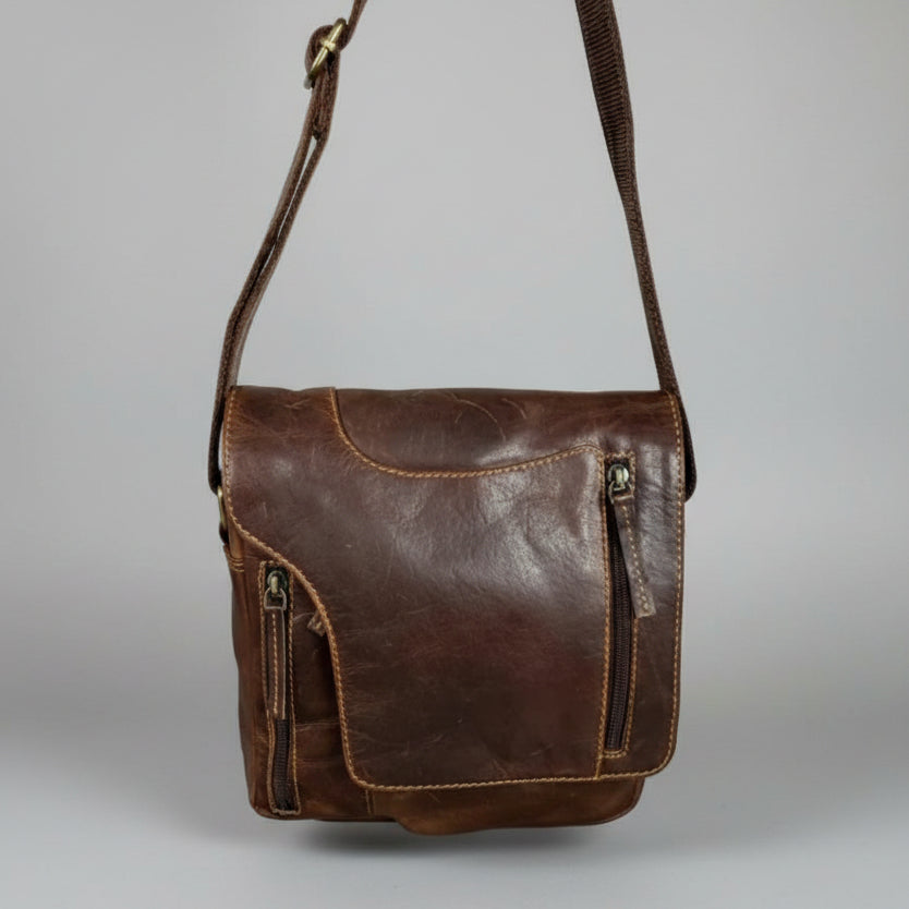Premium Genuine Leather Messenger Bag. Distressed Brown Crossbody with Multiple Zippered Pockets