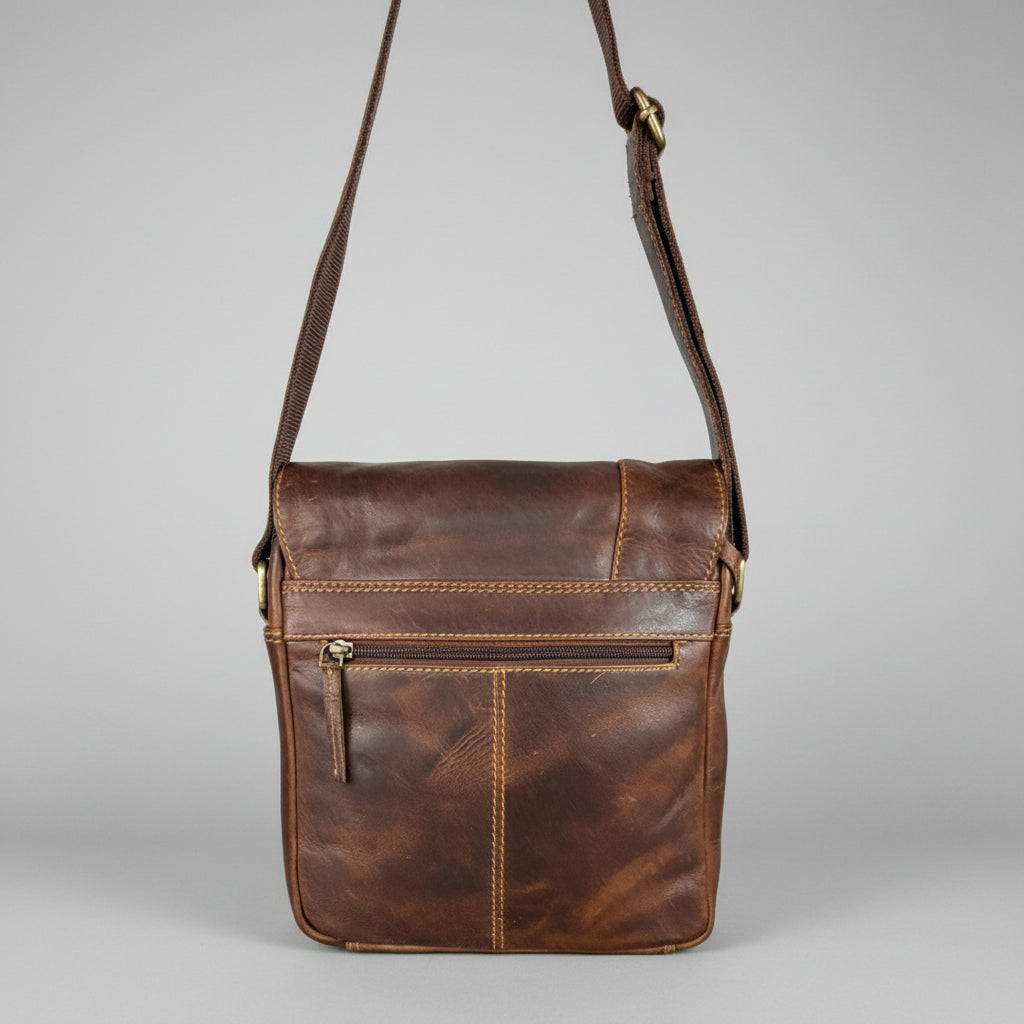 Premium Genuine Leather Messenger Bag. Distressed Brown Crossbody with Multiple Zippered Pockets