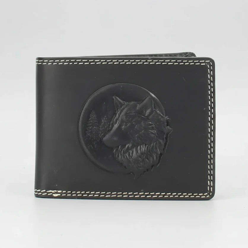 Men’s Cow Leather Wolf Embossed Bifold Wallet