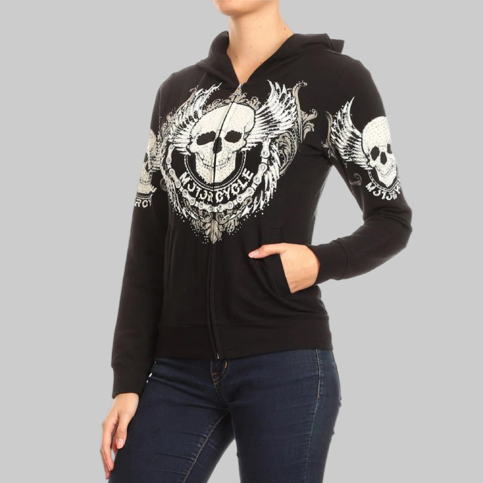 Women's Motorcycle Zip Up Hoodie with Rhinestone Skull & Wings