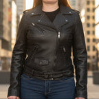 BOL Women’s Nova Leather Moto Jacket. Shadow Chrome Studded Biker Jacket with Waist Belt