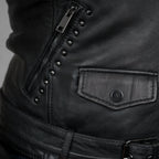 BOL Women’s Nova Leather Moto Jacket. Shadow Chrome Studded Biker Jacket with Waist Belt