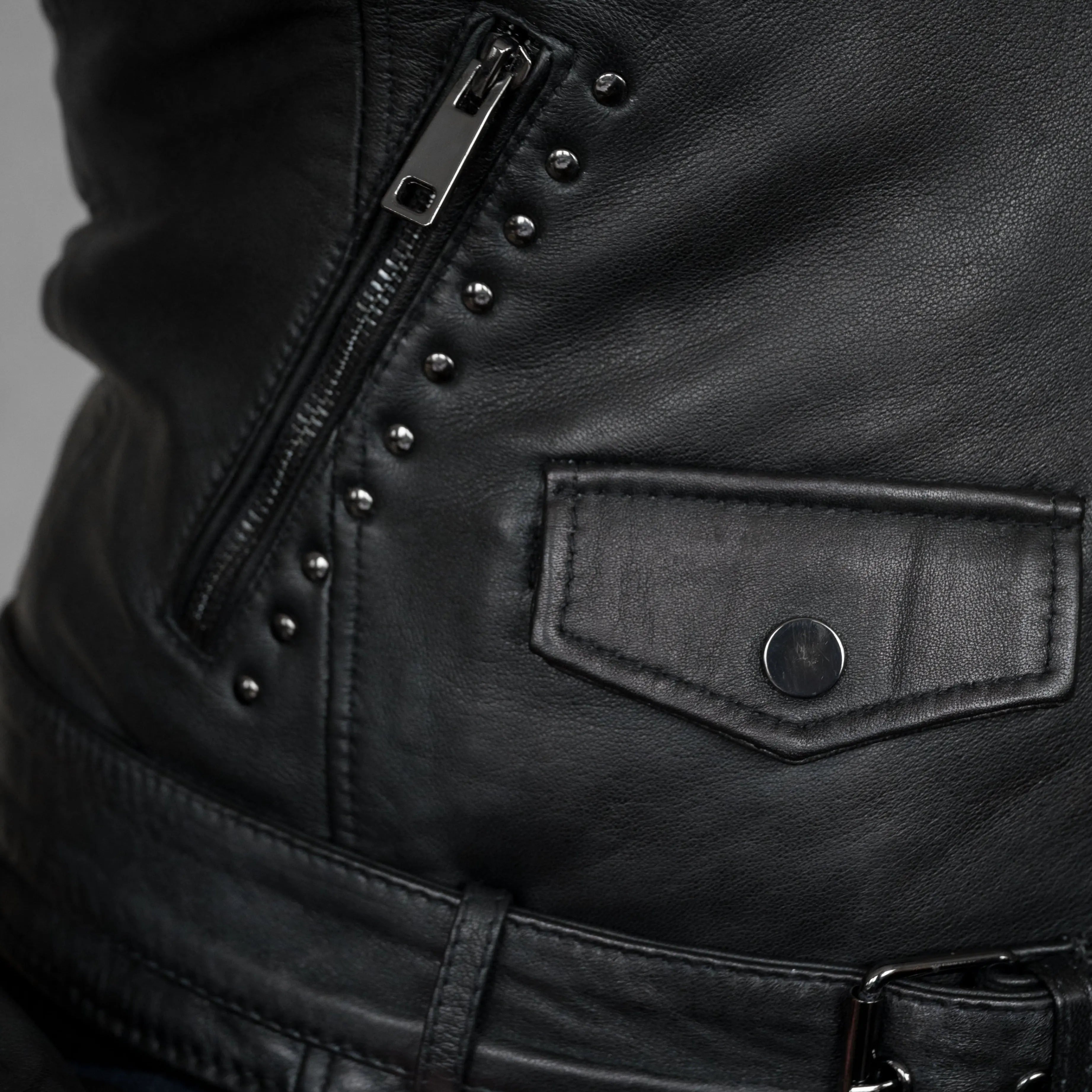BOL Women’s Nova Leather Moto Jacket. Shadow Chrome Studded Biker Jacket with Waist Belt
