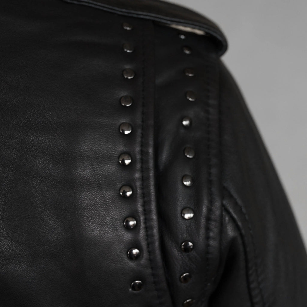 BOL Women’s Nova Leather Moto Jacket. Shadow Chrome Studded Biker Jacket with Waist Belt