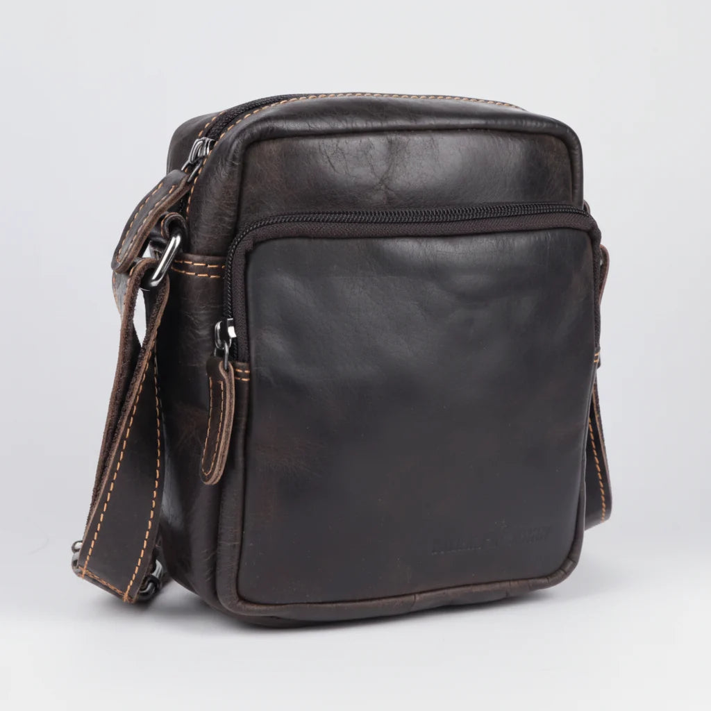 Greenwood Leather Mini-Messenger Bag. Premium Compact Crossbody Travel Organizer