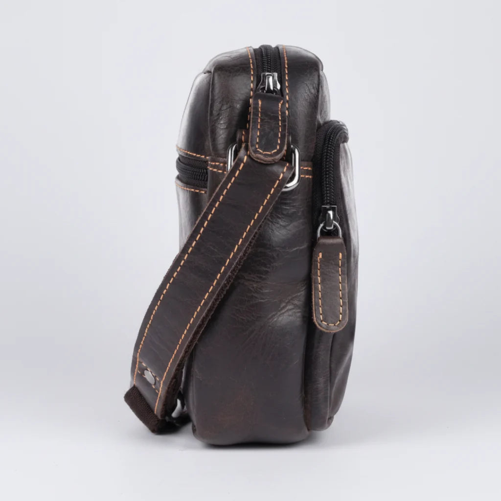 Greenwood Leather Mini-Messenger Bag. Premium Compact Crossbody Travel Organizer