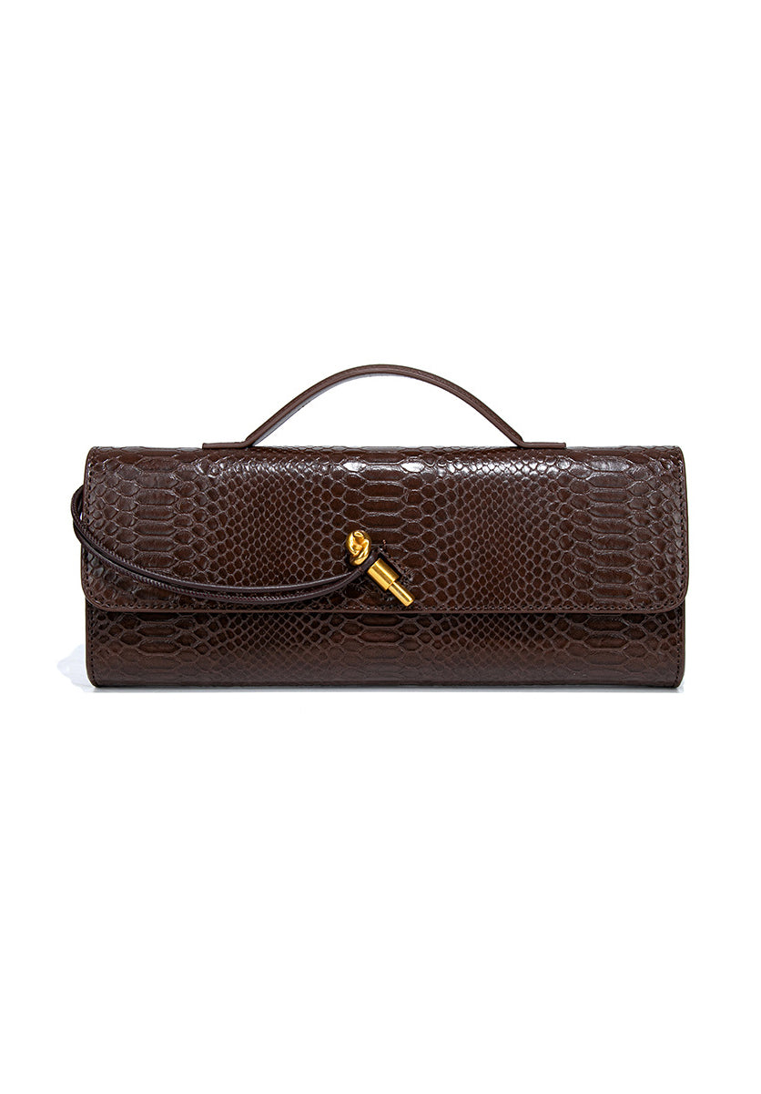Mira | Snake-Embossed Vegan Leather Clutch – Top Handle & Gold Twist Lock