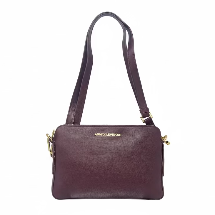 Sac à main en cuir, deux en un, Aubergine, Clarence Moyen